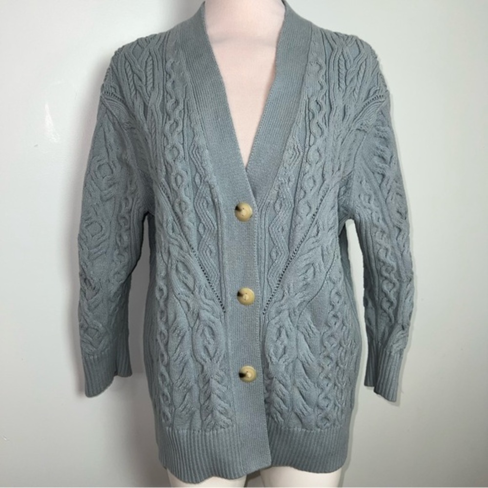 Vince Light Sea Stone Blue Cable Knit Button Front Cardigan Sweater Size Small